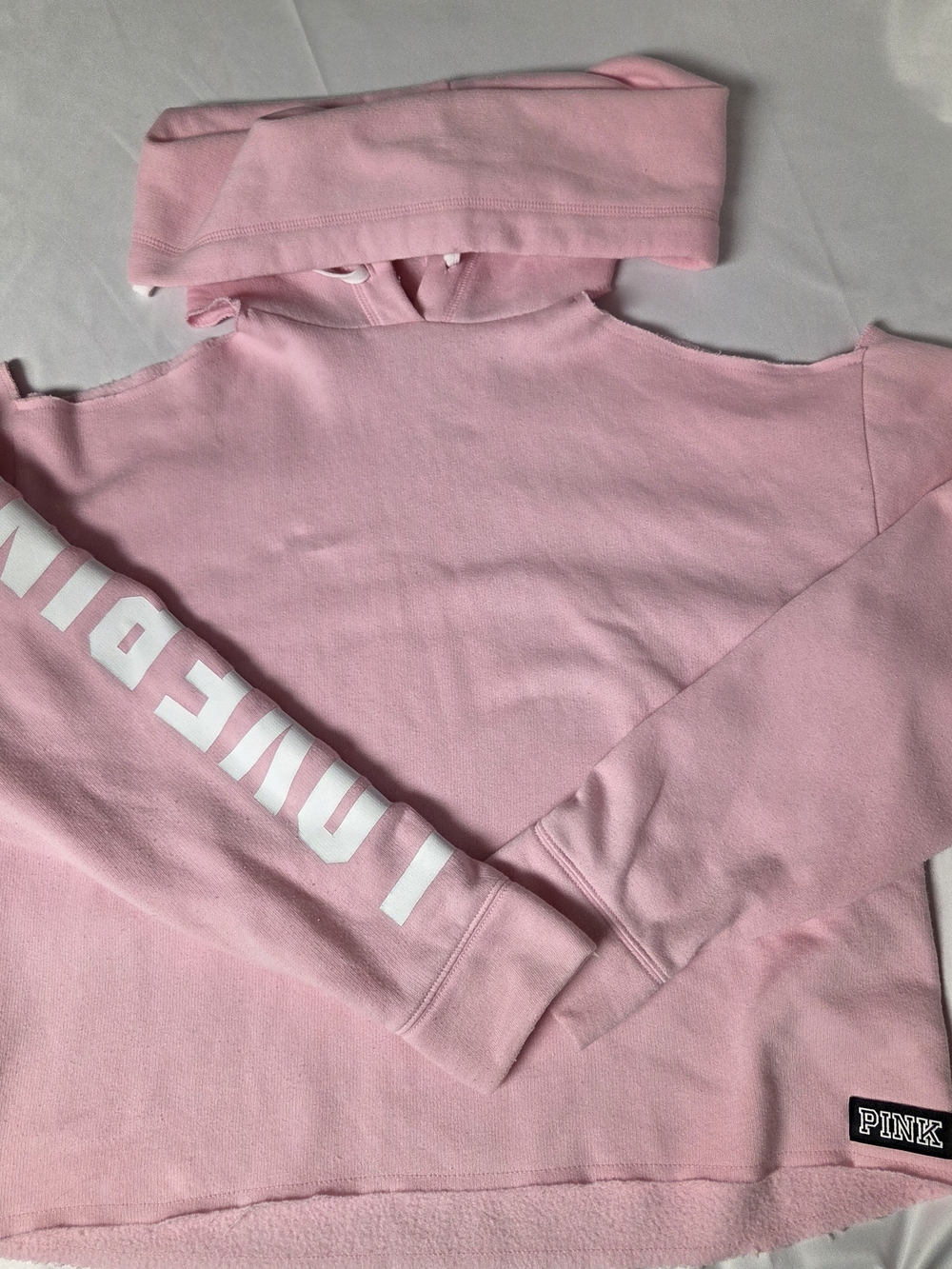 PINK Victoria's Secret Light Pink Cut-Out Shoulder Hoodie with Sleeve Logo Med